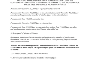 Decree No. 04/2014/ND-CP amending Decree No. 51/2010/ND-CP goods sale and service provision invoices