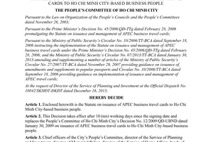 Decision No. 05/2014/QD-UBND issuance of APEC business travel cards to Ho Chi Minh city