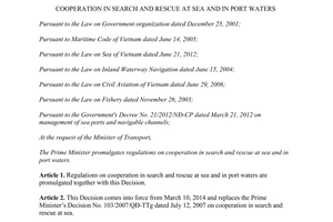 Decision No. 06/2014/QĐ-TTg cooperation in search and rescue at sea and in port waters