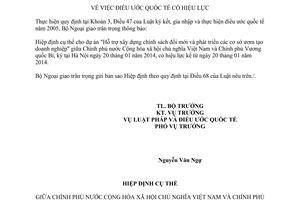 Thông báo hiệu lực Hiệp định Hỗ trợ chính sách phát triển cơ sở ươm tạo doanh nghiệp Việt Nam Bỉ