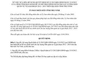 Quyết định 02/2014/QĐ-UBND sửa đổi Quyết định 21/2012 hỗ trợ lực lượng Dân quân tự vệ Trà Vinh