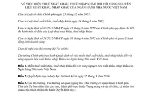 Quyết định 08/2014/QĐ-TTg miễn thuế xuất nhập khẩu vàng nguyên liệu xuất nhập khẩu