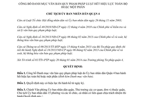 Quyết định 54/QĐ-UBND năm 2014 danh mục văn bản quy phạm pháp luật hết hiệu lực Quận 4 Hồ Chí Minh