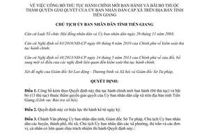 Quyết định 143/QĐ-UBND thủ tục hành chính thẩm quyền giải quyết của cấp xã Tiền Giang 2014