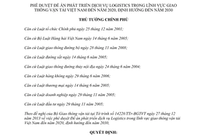 Quyết định 169/QĐ-TTg năm 2014 phê duyệt Đề án phát triển dịch vụ Logistics lĩnh vực giao thông