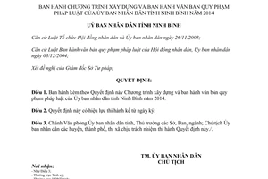 Quyết định 55/QĐ-UBND xây dựng  ban hành văn bản quy phạm pháp luật Ninh Bình năm 2014