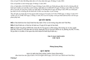 Quyết định 04/2014/QĐ-UBND bảo vệ môi trường nông thôn Vĩnh Phúc