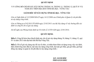 Quyết định 25/QĐ-SXD 2014 công bố chỉ số giá xây dựng quý IV 2013 Bà Rịa Vũng Tàu