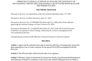 Decision No. 182/QD-TT national action plan to management,protection general use of water resources