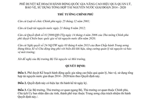 Quyết định 182/QĐ-TTg năm 2014 Kế hoạch quản lý bảo vệ sử dụng tài nguyên nước 2014 2020