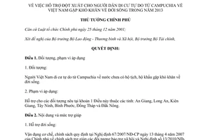 Quyết định 181/QĐ-TTg năm 2014 hỗ trợ đột xuất người dân di cư tự do từ Campuchia khó khăn