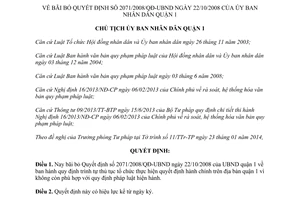 Quyết định số 102/QĐ-UBND  bãi bỏ Quyết định số 2071/2008/QĐ-UBND Quận 1