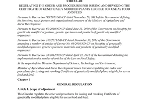 Circular No. 02/2014/TT-BNNPTTN the certificate of genetically modified plants eligible for use as food and feed