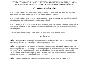 Quyết định 198/QĐ-BTC năm 2014 bổ sung tổ chức tư vấn định giá xác định giá trị doanh nghiệp cổ phần hóa