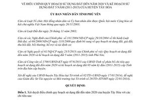 Quyết định 191/QĐ-UBND 2014 điều chỉnh quy hoạch sử dụng đất kế hoạch sử dụng đất 5 năm Phú Yên