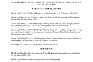 Quyết định 05/2014/QĐ-UBND Quy chế phát ngôn cung cấp thông tin báo chí Hà Nội