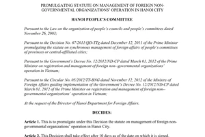 Decision 06/2014/QD-UBND management foreign non governmental organizations operation Hanoi city