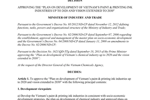 Decision No. 1008/QD-BTC plan development Vietnam paint printing ink industries 2020 2030
