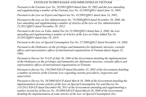 Circular No. 19/2014/TT-BTC cars motorcyles of persons entitled to privileges and immunities in Vietnam