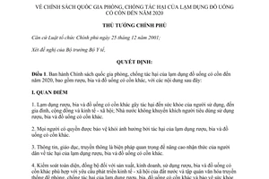 Quyết định 244/QĐ-TTg năm 2014 phòng chống tác hại lạm dụng đồ uống có cồn đến 2020