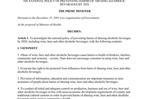 Decision No. 244/QD-TTg on national policy of preventing harms of abusing alcoholic bevarages by 2020
