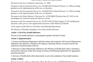 Circular No. 06/2014/TT-BYT list of key health indica