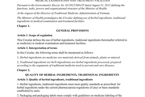 Circular No. 05/2014/TT-BYT defining use of herbal ingredients traditional ingredients