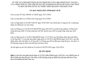 Quyết định 13/2014/QĐ-UBND sửa đổi 22/2011/QĐ-UBND định giá rừng bồi thường rừng tự nhiên Kom Tum