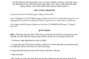 Quyết định 280/QĐ-TTg năm 2014 phát triển cơ sở hạ tầng du lịch tăng trưởng toàn diện khu vực Mê Công