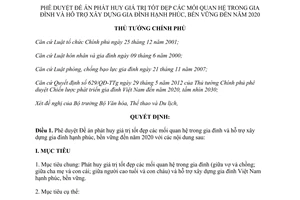 Quyết định 279/QĐ-TTg năm 2014 Đề án phát huy giá trị gia đình hỗ trợ xây dựng gia đình 2020