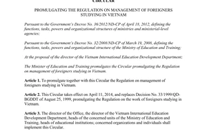 Circular No. 03/2014/TT-BGDDT regulation on management of foreigners studying in Vietnam