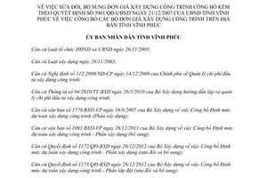 Quyết định 563/QĐ-UBND sửa đổi đơn giá xây dựng công trình kèm theo 3901/QĐ-UBND Vĩnh Phúc