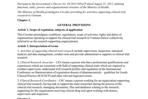 Circular No. 08/2014/TT-BYT providing for activities supporting clinical trial research in Vietnam