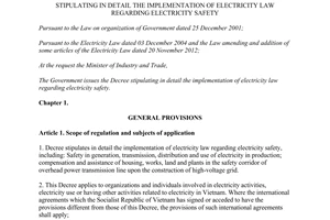 Decree No. 14/2014/ND-CP stipulating in detail of Electricity Law regarding electricity safety
