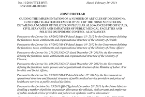 Joint circular No. 10/2014/TTLT-BYT-BNV-BTC-BLDTBXH guiding the implementation of 73/2011/QD-TTg