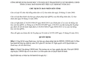 Quyết định 286/QĐ-UBND năm 2014 bổ sung Danh mục văn bản pháp luật Cà Mau hết hiệu lực 2013
