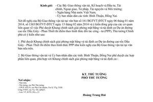 Công văn 265/TTg-KTN 2014 Khung chính sách giải phóng mặt bằng tái định cư Dự án Dầu Giây Phan Thiết