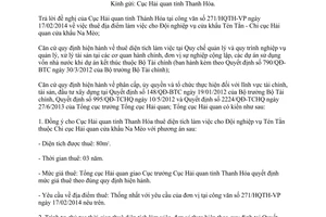 Công văn 2029/TCHQ-TVQT năm 2014 thuê diện tích làm việc Đội Nghiệp vụ cửa khẩu Tén Tằn