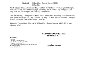 Công văn 1189/VPCP-KTGVX 2014 kiến nghị ban hành hướng dẫn Bộ luật lao động Luật công đoàn