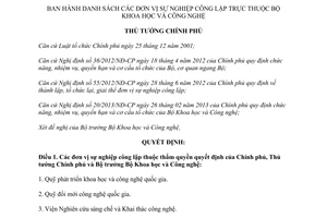 Quyết định 301/QĐ-TTg năm 201 danh sách đơn vị sự nghiệp công lập Bộ Khoa học Công nghệ BKHCN