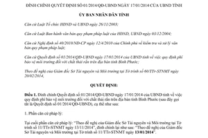Quyết định 04/2014/QĐ-UBND đính chính Quyết định 01/2014/QĐ-UBND Bình Phước