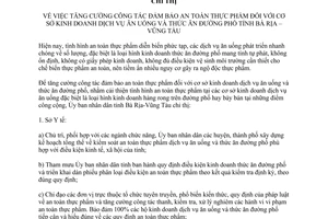 Chỉ thị 04/2014/CT-UBND đảm bảo an toàn thực phẩm dịch vụ ăn uống đường phố Bà Rịa Vũng Tàu