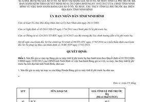 Quyết định 06/2014/QĐ-UBND sửa đổi Bảng giá ô tô xe máy tính lệ phí trước bạ Ninh Bình
