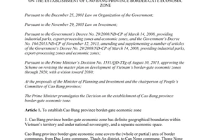 Decision No. 20/2014/QD-TTg  on the establishment of Cao Bang province border-gate economic zone