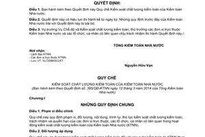 Quyết định 395/QĐ-KTNN năm 2014 Quy chế Kiểm soát chất lượng kiểm toán của Kiểm toán Nhà nước