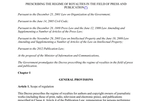 Decree No. 18/2014/ND-CP prescribing the regime of royalties in the field of press and publication