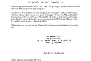 Thông báo hiệu lực Công hàm khoản viện trợ không hoàn lại cung cấp xe hơi Việt Nam Nhật Bản