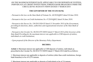 Decision No. 497/QD-NHNN 2014 maximum interest rate USD deposits under No. 06/2014/TT-NHNN
