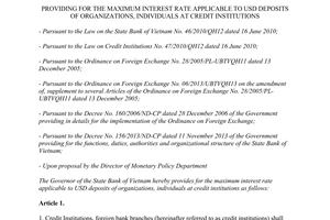 Circular No. 06/2014/TT-NHNN maximum interest rate USD deposits organizations individuals credit institutions