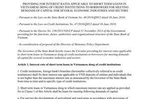 Circular No. 08/2014/TT-NHNN interest rates short term loans in Vietnamese Dong demands of capital